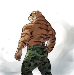  1boy absurdres animal_ears ass back bara belt camouflage camouflage_pants from_behind furry furry_male green_belt highres jewelry looking_at_viewer male_focus mature_male muscular muscular_male original pants selkiro solo thick_thighs thighs tiger_boy tiger_ears topless_male 