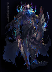  1boy armor black_cloak blue_fire cloak fate/grand_order fate_(series) fire glowing glowing_eyes highres holding holding_shield holding_weapon horns king_hassan_(fate) male_focus mask open_mouth shield shipl skull skull_mask solo spikes sword torn_cloak torn_clothes weapon 