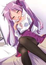  :d arm_support bed bedroom black_pantyhose blush bow closed_eyes collarbone commentary_request dutch_angle facing_viewer feet_out_of_frame female hairbow hand_up highres hiiragi_kagami hotaru_iori ichimi_renge indoors long_hair long_sleeves lucky_star on_bed open_mouth pantyhose pillow pink_ribbon puffy_long_sleeves puffy_sleeves purple_bow purple_hair purple_skirt ribbon second-party_source shirt sitting skirt smile solo suspender_skirt suspenders suspenders_slip twintails very_long_hair white_shirt 