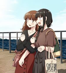  2girls :d alternate_costume any_(lucky_denver_mint) bag black_hair black_skirt black_sweater blue_eyes blush braid breasts brown_hair brown_shirt casual cleavage collarbone commentary_request cowboy_shot earrings failure_penguin green_bag hair_over_shoulder handbag highres holding_hands jewelry kantai_collection kitakami_(kancolle) long_hair long_sleeves looking_at_another multiple_girls necklace ooi_(kancolle) open_mouth outdoors pink_bag red_skirt ribbed_sweater sasebo shirt short_sleeves sidelocks single_braid skirt smile sweater watch wristwatch yuri 