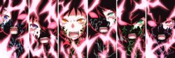  6+girls akatsuki_kirika angry aqua_eyes berserker_rage blue_eyes commentary_request fangs fuji_tsugu glowing glowing_eyes green_eyes hair_between_eyes highres ignite_module kazanari_tsubasa maria_cadenzavna_eve multiple_girls open_mouth orange_eyes pink_eyes purple_eyes red_eyes red_pupils senki_zesshou_symphogear tachibana_hibiki_(symphogear) teeth transformation tsukuyomi_shirabe yukine_chris 