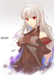  absurdres arknights arm_cuffs ascot bare_shoulders black_ascot black_shirt breasts character_name closed_mouth english_commentary female gradient_background grey_background hair_between_eyes highres long_hair looking_at_viewer medium_breasts naoel_(naoel_art) no_headwear red_eyes shirt skadi_(arknights) skadi_(elite_ii)_(arknights) sleeveless sleeveless_shirt solo twitter_username upper_body very_long_hair white_background white_hair 