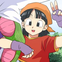  1boy arm_at_side bandana black_eyes black_hair blue_background blunt_bangs bush colored_skin commentary_request crop_top dragon_ball dragon_ball_gt female fingerless_gloves flat_chest gloves green_skin hair_behind_ear hand_up height_difference korean_commentary lado_(rado) leaf light_blush locked_arms loose_hair_strand muscular muscular_male open_mouth orange_bandana out_of_frame pan_(dragon_ball) piccolo protected_link purple_gloves short_hair shoulder_pads simple_background smile straight_hair teeth v 