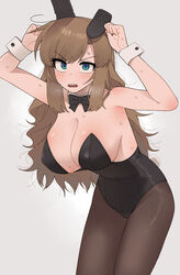  animal_ears aqua_eyes arms_up bare_shoulders black_bow black_bowtie black_leotard blush bow bowtie breasts breath brown_hair brown_pantyhose character_request cleavage commentary_request copyright_request covered_navel crotch_seam detached_collar fake_animal_ears fake_tail female grey_background grey_theme highleg highleg_leotard highres huge_breasts korean_commentary leotard long_hair looking_at_viewer mons_pubis nakta open_mouth pantyhose playboy_bunny rabbit_ears rabbit_tail sharp_teeth shiny_clothes sidelocks solo strapless strapless_leotard sweat tail teeth upper_teeth_only v-shaped_eyebrows wrist_cuffs you&#039;re_under_my_skin! 