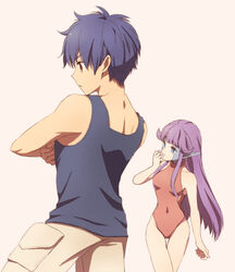  1boy blue_eyes blue_hair breasts closed_mouth earrings esper_(saga) facial_mark female full_body human_(saga) jewelry leotard long_hair no_s pointy_ears purple_hair saga saga_1 simple_background white_background 