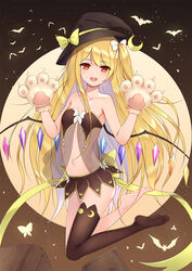  :d alternate_costume alternate_hair_length alternate_hairstyle animal_hands babydoll bare_arms bare_shoulders barefoot bat_(animal) black_hat black_skirt black_thighhighs blonde_hair blush bow breasts bug butterfly circle claws collarbone commentary crescent crystal fangs feet female flan_(seeyouflan) flandre_scarlet full_body gloves hands_up hat hat_bow highres long_hair looking_at_viewer microskirt navel no_shoes one_side_up open_mouth paw_gloves photoshop_(medium) red_eyes single_thighhigh skirt small_breasts smile solo stomach strapless thighhighs thighs touhou very_long_hair white_bow wings witch_hat yellow_bow yellow_butterfly 