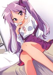  arm_support bare_legs bed bedroom blush bow closed_mouth collarbone commentary_request dutch_angle embarrassed feet_out_of_frame female hairbow hand_up highres hiiragi_kagami hotaru_iori ichimi_renge indoors long_hair long_sleeves looking_at_viewer lucky_star on_bed pillow pink_ribbon puffy_long_sleeves puffy_sleeves purple_bow purple_eyes purple_hair purple_skirt ribbon second-party_source shirt sitting skirt solo suspender_skirt suspenders suspenders_slip twintails very_long_hair white_shirt 