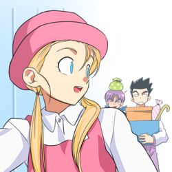  2boys bag bag_on_head black_hair blonde_hair blue_eyes blue_neckerchief bow box buttons collared_shirt commentary_request constricted_pupils dragon_ball dragon_ball_gt eyelashes female gift gift_bag gradient_background hair_behind_ear hair_strand happy hat holding holding_box korean_commentary lado_(rado) light_smile long_hair looking_back low_twintails marron_(dragon_ball) multiple_boys neckerchief pants parted_lips pink_headwear polka_dot protected_link purple_hair purple_pants red_bow shirt son_goten spiked_hair sun_hat sweatdrop tareme teeth trunks_(dragon_ball) twintails upper_teeth_only white_shirt 