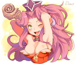  ;d angela_(seiken_densetsu_3) armpits arms_behind_head arms_up artist_name blush breasts cleavage commentary_request female green_eyes highres large_breasts long_hair looking_at_viewer messy_hair one_eye_closed open_mouth parted_bangs seiken_densetsu seiken_densetsu_3 sho.t smile solo teeth upper_body upper_teeth_only very_long_hair 