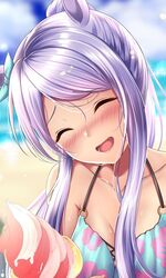  :d animal_ears beach blue_bow blush bow breasts cleavage closed_eyes day ear_bow facing_viewer feeding female food horse_ears horse_girl ice_cream incoming_food long_hair mejiro_mcqueen_(umamusume) nose_blush ocean open_mouth outdoors pov purple_hair rairaisuruyo sand smile solo sweat swimsuit umamusume upper_body 