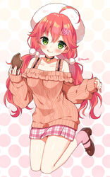  :q ahoge alternate_costume aran_sweater bell beret black_choker blush breasts brown_footwear brown_sweater cable_knit choker closed_mouth commentary_request female food frilled_sweater full_body green_eyes hair_between_eyes hat high_heels holding holding_food hololive jingle_bell long_hair long_sleeves low_twintails mauve medium_breasts nail_polish neck_bell off-shoulder_sweater off_shoulder pink_nails pink_socks plaid plaid_skirt pleated_skirt puffy_long_sleeves puffy_sleeves red_hair sakura_miko shoes skirt sleeves_past_wrists smile socks solo sweater tongue tongue_out twintails twitter_username very_long_hair virtual_youtuber white_hat 