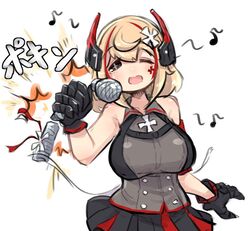  azur_lane bad_id bad_twitter_id bare_shoulders black_gloves black_skirt blonde_hair blush breasts commentary_request female gloves hair_between_eyes hair_ornament headgear large_breasts looking_at_viewer microphone multicolored_hair musical_note one_eye_closed open_clothes open_mouth pleated_skirt red_hair ribbon roon_(azur_lane) shirt skirt smile solo streaked_hair translated u-non_(annon&#039;an) 