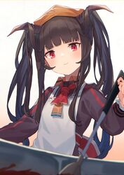  apron black_hair blue_archive blunt_bangs blurry blurry_foreground commentary_request cooking female flat_chest foreshortening frying_pan fuuka_(blue_archive) hair_on_horn hand_up hime_cut horns long_hair looking_at_viewer peroncho red_eyes school_uniform simple_background smile solo spatula twintails white_background 