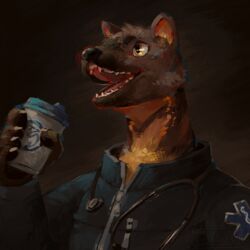  1:1 2021 anthro babanasaur beverage black_clothing black_jacket black_nose black_topwear brown_background brown_body brown_fur bust_portrait clothing container cup digital_media_(artwork) fur gulonine hasel hi_res holding_container holding_cup holding_object jacket looking_forward male mammal marten medical_instrument mustelid musteline open_mouth orange_body orange_fur pine_marten portrait rod_of_asclepius scientific_instrument signature simple_background solo star_of_life stethoscope topwear yellow_eyes 