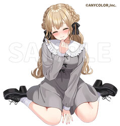  bad_id bad_pixiv_id between_legs black_footwear black_ribbon blush boots bow_button braid braided_bun breasts capelet closed_eyes closed_mouth copyright_notice double-parted_bangs double_bun dress empire_waist female frilled_capelet frills full_body grey_dress hair_bun hair_ribbon hand_between_legs hands_on_own_chin high_heels impossible_clothes impossible_dress light_brown_hair long_hair long_sleeves medium_breasts medium_dress nekomaru_neko_ko nijisanji official_alternate_costume official_alternate_hairstyle official_art platform_boots platform_footwear platform_heels ribbon sample_watermark shoes simple_background sister_claire sitting smile solo virtual_youtuber wariza watermark white_background white_capelet 