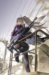  anti-materiel_rifle bolt_action boots cape female foot_out_of_frame girls&#039;_frontline girls&#039;_frontline_2:_exilium gun hand_up highres holding holding_weapon knee_boots leg_up leotard long_hair looking_ahead nemesis_(girls&#039;_frontline_2) outdoors pantyhose parted_lips ponytail purple_cape purple_eyes rff_(3_percent) rifle scope sig_san_511 sitting sitting_on_object sniper_rifle solo weapon white_hair 