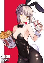  alternate_costume animal_ears artoria_pendragon_(fate) black_bow black_bowtie black_leotard black_pantyhose bow bowtie braid breasts bucket_of_chicken character_print chicken_(food) cleavage commentary_request cup dated detached_collar disposable_cup drinking_straw fake_animal_ears fake_tail fate/grand_order fate/stay_night fate_(series) female food french_braid french_fries fried_chicken grey_hair hair_between_eyes highleg highleg_leotard highres holding holding_cup holding_food kore_(kore) leotard looking_at_viewer mouth_hold neco-arc pale_skin pantyhose playboy_bunny rabbit_ears rabbit_tail saber_alter short_hair small_breasts solo strapless strapless_leotard tail thighs tsukihime twitter_username wrist_cuffs yellow_eyes 