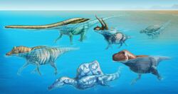  ambiguous_gender back_spines ceratopsian claws dinosaur edmontosaurus extinct feral group hadrosaurid nodosaurus ornithischian ornithopod partially_submerged prehistoric_species reptile sauropod sauropodomorph scales scalie swimming taylor_mccoy theropod triceratops tyrannosaurid tyrannosauroid tyrannosaurus tyrannosaurus_rex 