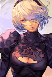  2b_(nier:automata) black_dress black_hairband breasts cleavage cleavage_cutout clothing_cutout dress female grey_eyes grey_hair hair_over_one_eye hairband hungry_clicker juliet_sleeves lips long_sleeves making-of_available medium_breasts mole mole_under_mouth nier:automata nier_(series) no_blindfold puffy_sleeves short_hair solo turtleneck upper_body 