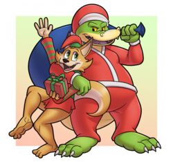  2023 3_toes 4_fingers alligator alligatorid anthro belly brok_(brok_the_investigator) brok_the_investigator canid canine christmas christmas_clothing christmas_headwear clothing costume cowcat_games crocodilian duo fan_character feet fingers fox gobanire green_body hat headgear headwear hi_res holidays humanoid_hands male mammal reptile santa_costume santa_hat scalie simple_background slightly_chubby toes 