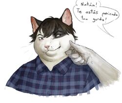  2022 angry anthro black_hair blue_clothing blue_shirt blue_topwear bust_portrait cettus checkered checkered_clothing cheek_pinch clothed clothing dialogue domestic_cat dress_shirt duo felid feline felis fur hair male mammal natan_osorio_suarez overweight overweight_anthro overweight_male pattern_clothing portrait shirt simple_background spanish_text speech_bubble text topwear white_background white_body white_fur 