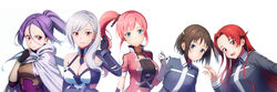  5girls absurdres albino aqua_eyes armor belt black_gloves black_shirt blue_eyes braid breastplate breasts brown_hair cape cleavage closed_mouth collarbone commentary commission crop_top detached_sleeves dress elbow_gloves english_commentary fingerless_gloves french_braid gloves hair_between_eyes hair_intakes hair_ornament hand_up high_collar high_ponytail highres hood hooded_cape jacket kureha_(sao:fb) large_breasts leather_belt leotard light_smile long_hair long_sleeves looking_at_viewer medium_breasts medium_hair mito_(sao) mole mole_under_eye multiple_girls necktie nuguri444 open_mouth pink_hair pink_jacket pixiv_commission ponytail purple_dress purple_hair purple_leotard purple_necktie red_eyes red_hair ronye_arabel school_uniform shirt short_hair short_sleeves side_ponytail sidelocks simple_background small_breasts smile sword_art_online sword_art_online:_alicization sword_art_online:_fatal_bullet sword_mastery_academy_school_uniform tiese_schtrinen twintails upper_body vambraces white_background white_cape white_gloves white_hair white_leotard x_hair_ornament zeliska 