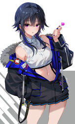  ariko_youichi bare_shoulders black_hair black_jacket blue_hair blue_nails candy collared_shirt commentary cropped_shirt earrings english_commentary female food fur-trimmed_jacket fur_trim hair_between_eyes hand_in_pocket holding holding_candy holding_food holding_lollipop ichinose_uruha ichinose_uruha_(4th_costume) jacket jewelry lollipop long_sleeves midriff multicolored_hair navel off_shoulder official_alternate_costume pleated_skirt purple_eyes shirt short_hair_with_long_locks skirt sleeveless sleeveless_shirt solo streaked_hair virtual_youtuber vspo! white_shirt 