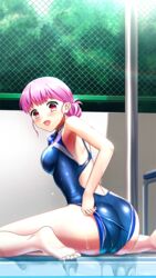  :d adjusting_clothes adjusting_swimsuit ass bare_arms bare_legs barefoot blue_one-piece_swimsuit blush breasts competition_swimsuit day doukyuusei doukyuusei_another_world female fence game_cg looking_back medium_breasts official_art one-piece_swimsuit open_mouth outdoors pink_hair poolside red_eyes sakuragi_mai short_hair sitting smile soles solo swimsuit wariza 