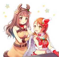  2girls alternate_hairstyle animal_ears antlers bandeau bare_shoulders bell belt blue_cape blunt_bangs blush bow bowtie breasts brown_belt brown_dress brown_eyes brown_hair brown_sleeves cape chair christmas deer_ears detached_sleeves dot_nose dress fake_animal_ears fake_antlers floral_print flower fur-trimmed_bandeau fur-trimmed_dress fur-trimmed_sleeves fur_choker fur_trim glint hair_flower hair_ornament hand_on_own_shoulder hands_on_another&#039;s_shoulders hands_up hat hojo_karen horns idolmaster idolmaster_cinderella_girls idolmaster_cinderella_girls_starlight_stage kamiya_nao long_hair long_sleeves looking_at_another looking_back medium_breasts midriff multiple_girls navel neck_bell on_chair open_mouth orange_hair plaid plaid_bow plaid_bowtie print_cape red_bandeau red_eyes red_flower red_ribbon red_sleeves reindeer_antlers ribbon santa_hat serino_itsuki sitting smile star_(symbol) thick_eyebrows two-tone_bowtie white_background white_ribbon 