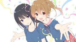  2girls :d black_hair blue_eyes blush brown_eyes confetti hair_between_eyes happy highres idoly_pride kawasaki_sakura_(idoly_pride) long_hair looking_at_viewer multiple_girls nagase_kotono official_art open_mouth orange_hair parted_lips pleated_skirt qp:flapper ribbon shirt short_hair shy side-by-side sidelocks simple_background skirt smile strap twintails 