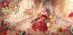  apple_caramel artist_name blue_eyes bouquet box box_of_chocolates breasts cake character_name cleavage dress falling_petals female flower food gloves grey_gloves grey_hair hair_flower hair_ornament happy_valentine heart heart-shaped_box highres indie_virtual_youtuber mirror multicolored_hair onolumi_(vtuber) open_mouth orange_flower petals red_dress red_flower red_hair red_petals solo stairs strapless strapless_dress streaked_hair sunflower virtual_youtuber white_flower yellow_flower 