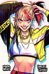  absurdres alternate_costume arms_up artist_name bikini black_jacket blonde_hair blue_eyes blue_hair caution_tape character_name choker crop_top cropped_jacket dc_comics english_text female gold_necklace grid_background harley_quinn highres jacket jewelry looking_at_viewer manda_schank midriff multicolored_clothes multicolored_hair multicolored_jacket necklace open_clothes open_jacket red_hair red_lips solo swimsuit tankini teeth upper_body watermark white_tankini yellow_choker yellow_jacket 