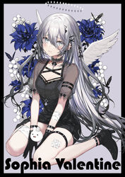  black_dress black_footwear black_gloves breasts cleavage commentary_request dress earrings female gloves gradient_hair grey_hair hair_between_eyes highres jewelry long_hair mole mole_under_mouth multicolored_hair nijisanji official_art see-through see-through_sleeves sitting sophia_valentine virtual_youtuber wariza white_wings wings yadapot 