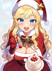  alternate_costume belt_buckle blonde_hair blue_eyes blush breasts buckle cake capelet cleavage dress female food fork fur-trimmed_capelet fur-trimmed_dress fur-trimmed_headwear fur_trim hat holding holding_fork holding_saucer idolmaster idolmaster_cinderella_girls incoming_food long_hair looking_at_viewer medium_breasts ohtsuki_yui red_capelet red_dress red_hat sakura_ran santa_costume santa_hat saucer sidelocks smile snowflake_background solo strawberry_cake very_long_hair 