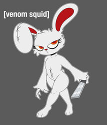  2spot_studio absurd_res angry animal_humanoid anthro bloody_bunny bloody_bunny_(series) claws digital_media_(artwork) feet female fur hi_res humanoid knife lagomorph leporid looking_at_viewer mammal mammal_humanoid nude plushie rabbit red_eyes scar simple_background solo tail thick_thighs toes venomsquid weapon white_body white_fur yellow_eyes 