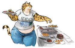  2023 anthro belly belly_peeking_out big_breasts bottomwear breasts buffet cake cettus clothed clothing denim denim_bottomwear denim_clothing dessert english_text felid female food front_view fur furniture hi_res holding_food holding_object holding_plate ilse_lemaire jaguar jeans love_handles mammal markings midriff overweight overweight_anthro overweight_female pantherine pants plate shirt simple_background solo spots spotted_body spotted_fur standing table tail text thick_thighs topwear undersized_topwear white_background wide_hips yellow_body yellow_fur 