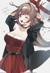  ;d animal_ears antlers belt black_belt black_choker black_jacket blue_eyes breasts brown_hair choker christmas cleavage deer_antlers deer_ears dress exitus female gradient_eyes hat headset highres horns jacket kannazuki_lubee long_hair multicolored_eyes multicolored_hair one_eye_closed open_clothes open_jacket pink_eyes pink_hair red_dress santa_hat smile solo streaked_hair virtual_youtuber youzek0611 