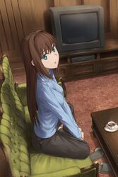  :o aozaki_aoko black_pants blue_eyes blue_sweater breasts brown_hair commentary_request couch cup female hair_intakes indoors kamo_ashi long_hair long_sleeves looking_at_viewer mahou_tsukai_no_yoru medium_breasts on_couch pants ribbed_sweater shadow sitting sleeves_past_wrists solo sweater table teacup television turtleneck turtleneck_sweater 