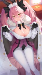  animal_ear_fluff animal_ears black_bow black_gloves blush bow breasts cleavage coattails collared_shirt corset dress_shirt fate/grand_order fate_(series) female glasses gloves hair_between_eyes hairbow highres huangyouxingren koyanskaya_(assassin)_(second_ascension)_(fate) koyanskaya_(fate) large_breasts long_hair long_sleeves looking_at_viewer off_shoulder open_clothes open_shirt pantyhose pink_hair rabbit_ears shirt sidelocks smile solo tamamo_(fate) thighs twintails underbust white_pantyhose white_shirt yellow_eyes 