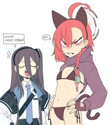  2girls absurdres ahoge alternate_costume animal_ears aris_(blue_archive) bikini black_bikini black_gloves black_hair blue_archive blue_necktie blush braid cat_ears cat_tail clenched_teeth closed_eyes coat cocomayo29_(tomato) collared_shirt fake_animal_ears fake_tail fingerless_gloves flat_chest frown gloves groin hairband halo hands_on_own_hips highres korean_text long_hair long_sleeves mole mole_under_eye multiple_girls navel necktie neru_(blue_archive) notice_lines red_hair shirt shrug_(clothing) single_braid smile speech_bubble string_bikini swimsuit tail teeth translated v-shaped_eyebrows white_background white_coat white_shirt 