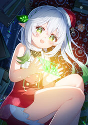  :d adapted_costume alternate_costume ass christmas commentary_request dress female flower-shaped_pupils from_below fur-trimmed_dress fur_trim genshin_impact gradient_hair green_eyes hair_between_eyes hair_ornament hat highres indoors kana_ami leaf_hair_ornament long_hair looking_at_viewer looking_down multicolored_hair nahida_(genshin_impact) pointy_ears rubber_band santa_hat side_ponytail sidelocks sleeveless smile solo streaked_hair symbol-shaped_pupils thighs two-tone_dress two-tone_hair white_hair 