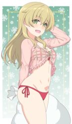  absurdres ada_badguy blonde_hair blush breasts carpaccio_(girls_und_panzer) commentary_request female girls_und_panzer green_eyes highres long_hair looking_at_viewer navel open_mouth panties red_panties side-tie_panties small_breasts smile snowflake_background solo underwear 