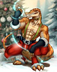  3_toes absurd_res alligator alligatorid anthro bow_tie christmas christmas_clothing christmas_decorations christmas_lights christmas_ornament christmas_present christmas_tree clothing crocodilian feet gift hi_res holidays male plant pose reptile scalie shakran solo toes tree 