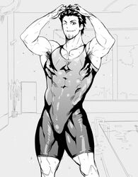  1boy armpit_hair bad_id bad_pixiv_id bara bodysuit bulge character_request diving_suit facial_hair feet_out_of_frame goatee_stubble hand_in_own_hair looking_at_viewer mabataki male_focus mature_male muscular muscular_male pectoral_cleavage pectorals poolside sanpaku seductive_smile short_hair sideburns singlet smile solo standing stubble thick_eyebrows thighs wet wetsuit 