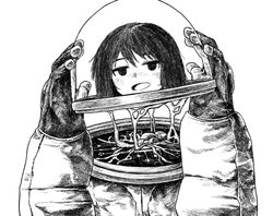  arms_up blush disembodied_head female fishbowl_helmet freckles gloves greyscale highres holding_own_head jitome kilsturgeon looking_at_viewer monochrome open_mouth original short_hair simple_background slime_(substance) smile solo spacesuit upper_body 