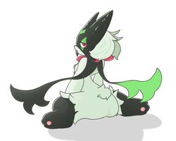  2023 3_toes 5:4 ambiguous_gender anthro ass biped black_body black_fur colored digital_media_(artwork) feet felid feline fluffy fluffy_tail frill_(anatomy) full-length_portrait fur generation_9_pokemon green_body green_ears green_fur green_tail half-closed_eyes hindpaw kemono leg_markings lok_cat looking_at_viewer looking_back looking_back_at_viewer mammal markings meowscarada monotone_tail multicolored_body multicolored_fur narrowed_eyes neck_frill nintendo nude open_mouth pawpads paws pink_nose pink_pawpads pokemon pokemon_(species) portrait pupils rear_view red_eyes scut_tail shaded short_tail simple_background sitting socks_(marking) solo tail three-quarter_view toes two_tone_body two_tone_fur white_background 