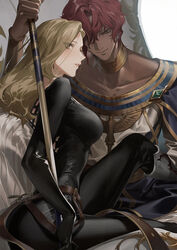  1boy akiyoshi_haru armor ass belt black_bodysuit blonde_hair bodysuit breasts collarbone commentary dark-skinned_male dark_skin dohalim_(tales) female gold_trim greaves holding holding_polearm holding_weapon jewelry kisara_(tales) large_breasts long_hair neck_ring parted_lips polearm red_hair short_hair sitting skin_tight symbol-only_commentary tales_of_(series) tales_of_arise weapon 