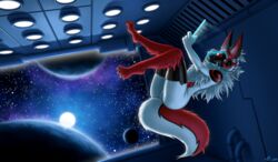  anthro atticuskotch female fur hi_res humanoid machine noisy_(redace83) protogen red_body red_fur robot robot_humanoid solo space white_body white_fur 