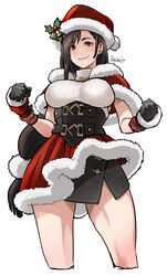  black_hair breasts butcha-u capelet christmas corset cropped_legs dress female final_fantasy final_fantasy_vii final_fantasy_vii_ever_crisis fur-trimmed_capelet fur-trimmed_gloves fur-trimmed_headwear fur-trimmed_skirt fur_trim gloves hair_ornament hat highres holly_hat_ornament long_hair low-tied_long_hair official_alternate_costume pom_pom_(clothes) pom_pom_hair_ornament red_capelet red_eyes santa_costume santa_dress santa_hat simple_background skirt sleeveless sleeveless_turtleneck smile solo sweater tifa_lockhart tifa_lockhart_(fairy_of_the_holy_flame) turtleneck turtleneck_sweater white_background 