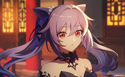  absurdres bare_shoulders black_choker breasts choker cleavage commentary cone_hair_bun female genshin_impact hair_bun highres keqing_(genshin_impact) keqing_(opulent_splendor)_(genshin_impact) long_hair looking_at_viewer miaotai_miota orange_eyes parted_lips portrait purple_hair solo twintails very_long_hair 